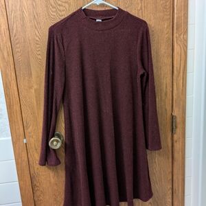 Red Ribbed A-Line Dress with Bell Sleeves